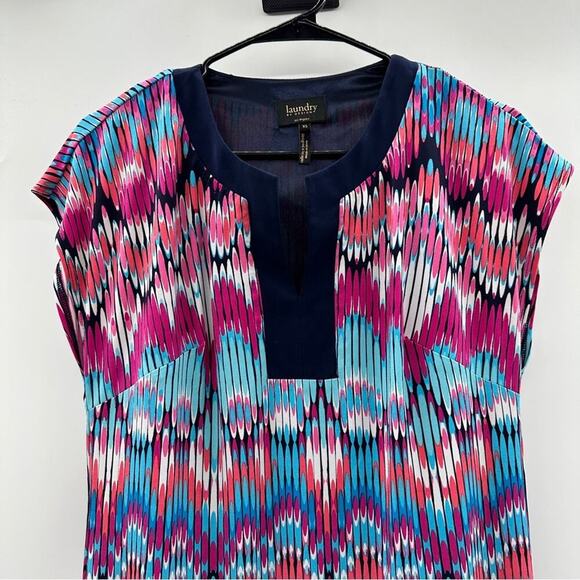 Laundry by Shelli Segal Pink Blue & Black Ikat‎ Short Sleeve Mini Shift Dress XS - Picture 3 of 9